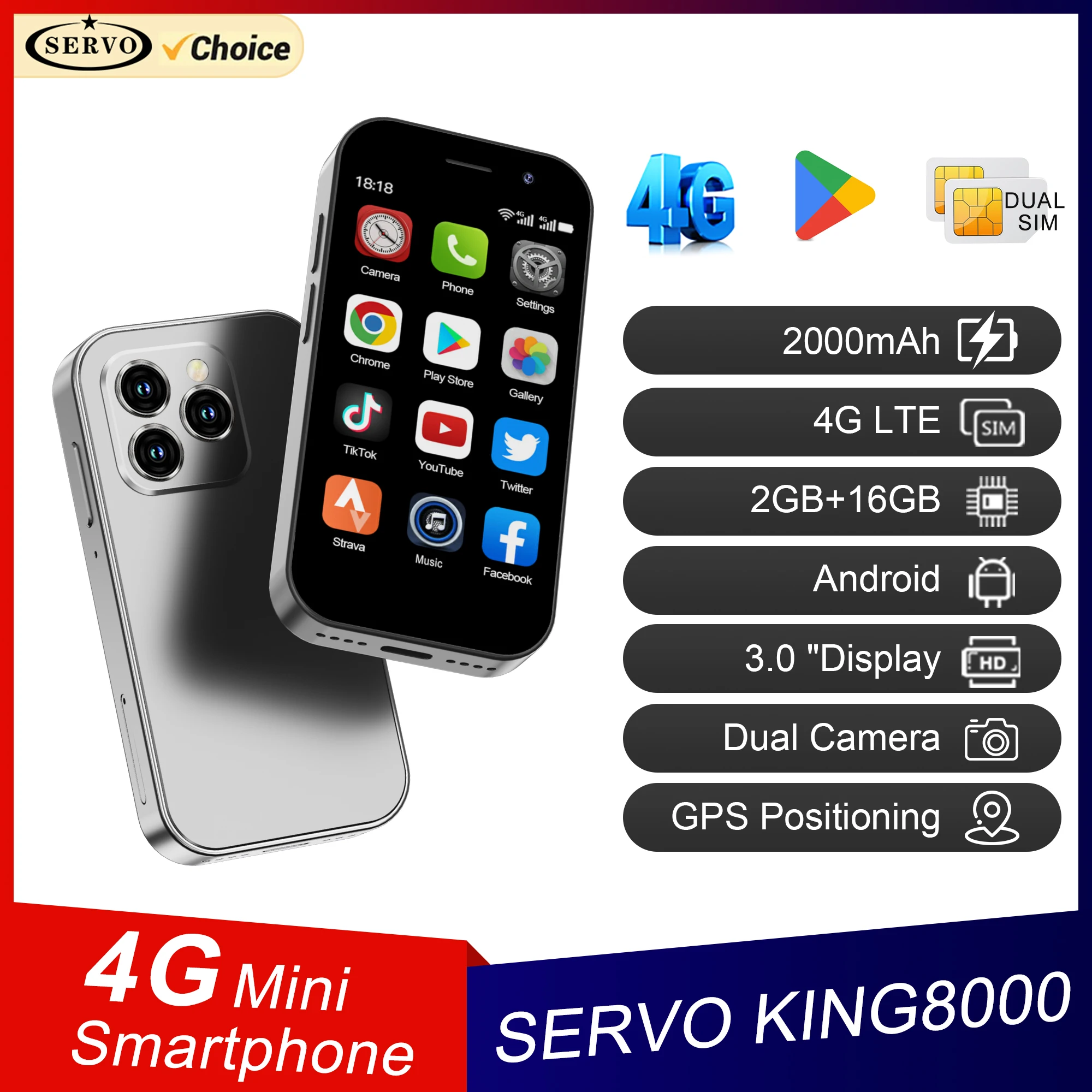 SERVO KING8000 4G сотовая сеть мини-смартфон Android 10.0 2 ГБ + 16 ГБ 3-дюймовый дисплей 5-мегапиксельная камера с двумя SIM-картами и Play Store WhatsAPP