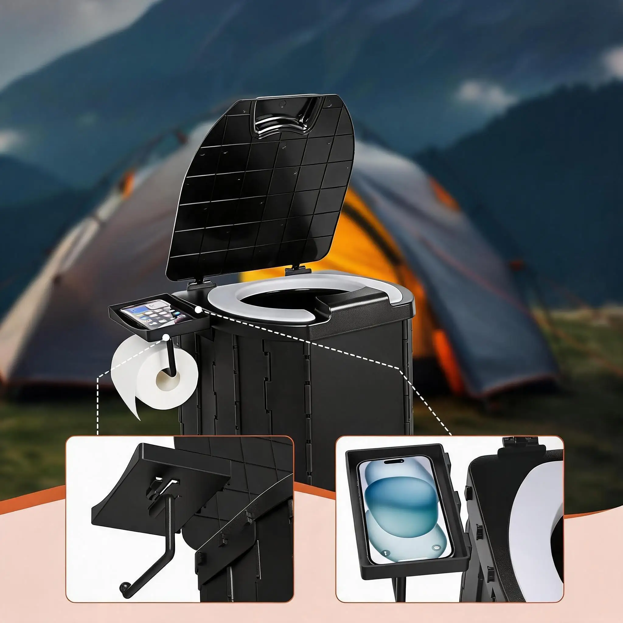 Inodoro Portátil para Acampar, Inodoro Plegable de Viaje para Adultos con Tapa y Porta Papel, Inodoro Compacto para Coche, Inodoro Portátil para Acampar, Senderismo, Camiones, Autocaravanas, Playa