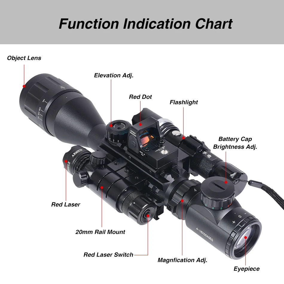 4-16X50AOEG， Aiming with Red Dots, Aiming with Red Dots, and Tactical Reflection with Adjustable Zero Viewfinder, Suitable for Hunting equipment Combinations