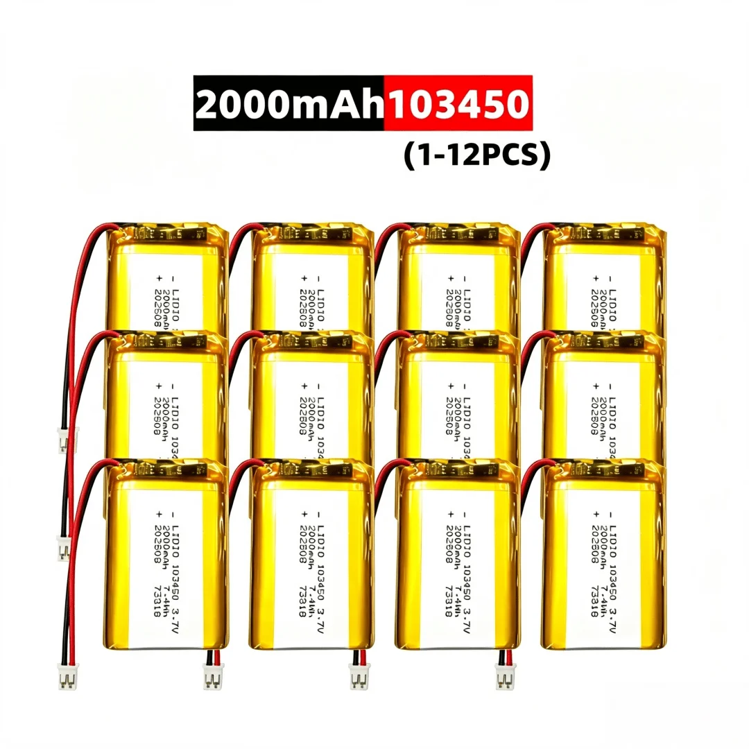 103450 3,7 V 2000 mAh wiederaufladbarer Polymer-Lithium-Akku mit JST PH2.0-Stecker, hohe Kapazität für Kamera, GPS-Navigator, MP5-Headset