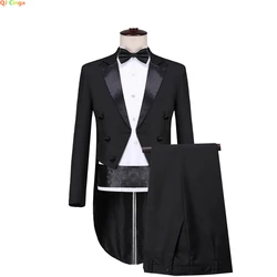 Męski Smoking Tailcoat Formal Dress Suits Swallow Tail Coat Navy Blue Męska kurtka i spodnie Party Wedding Dance Magic Performance