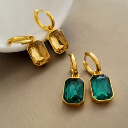 Square Green Champagne Crystal Hoop Earrings for Women Hypoallergenic 18k Gold Plated on Stainless Steel Emerald Huggie Hoops