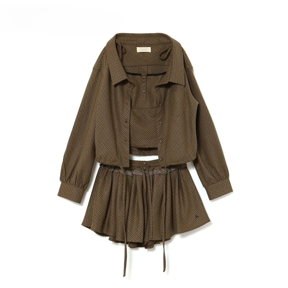 

Fashion Women's Casual Suit Japanese Style Sweet Plaid Three-Piece Set Camisole + Elastic Waist Short Skirt + Long Sleeve Shirt