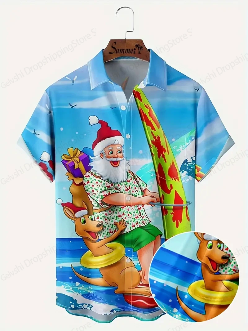 الرجال الهزلي عيد الميلاد الجرافيك قميص هاواي صيفي الرجال النساء أزياء سانتا كلوز قميص قصير الأكمام بلوزة عطلة احتفالية أعلى الرجعية #4