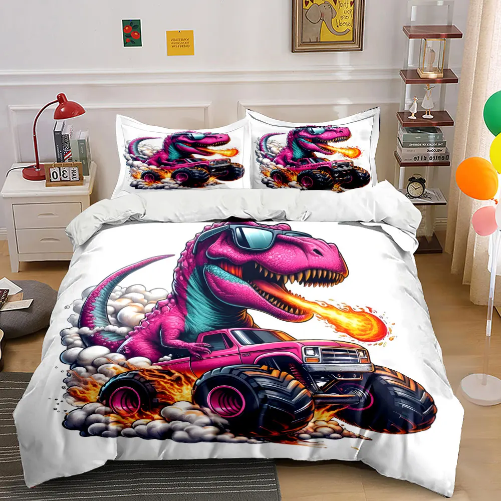 Pink dinosaur breathing fire, driving monster truck Bedding Set for Kids Luxury Gift 3pcs Digital Print Comforter Set Soft