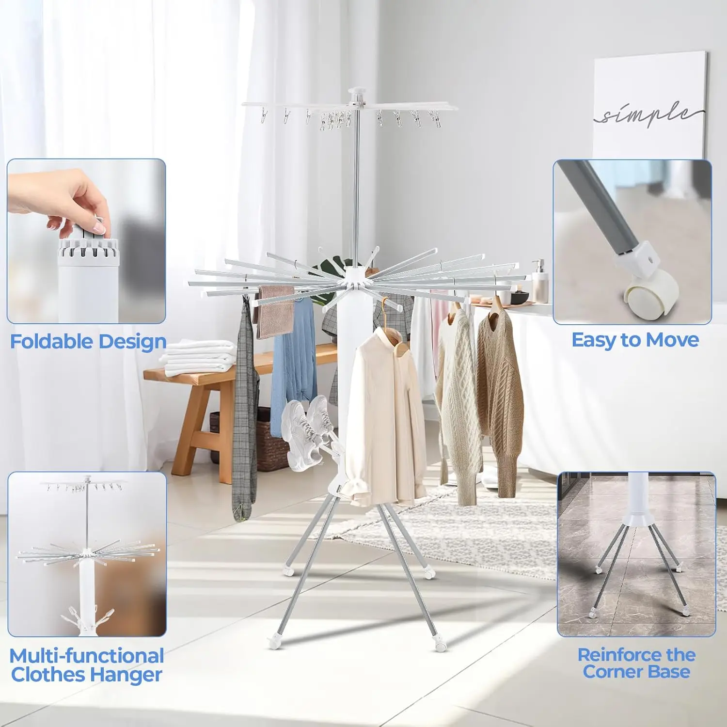 Four-Legged Clothes Drying Rack,Foldable Portable Laundry Drying Rack With Shoe Rack,Collapsible Space Saving Household Indoor