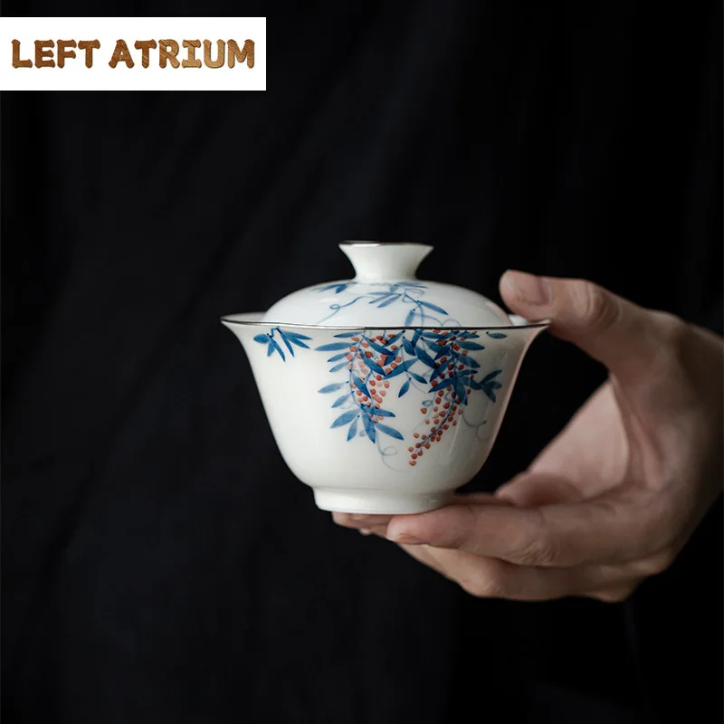 

Hand Painted Vines Jade Porcelain White Gaiwan For Tea Tureen Teaware Cup Chinese Tea Bowls Chawan Tea Ceramony Set