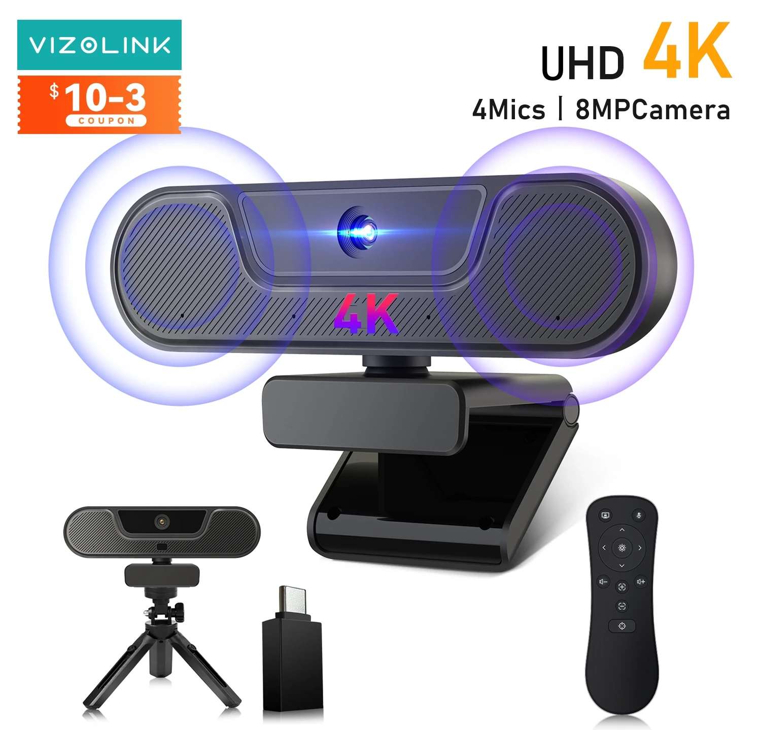 VIZOLINK 4K Webcam UHD PTZ PC Camera with Speaker 4 Mics Remote Control Conference Webcam Live Streaming Autofocus Digital Zoom