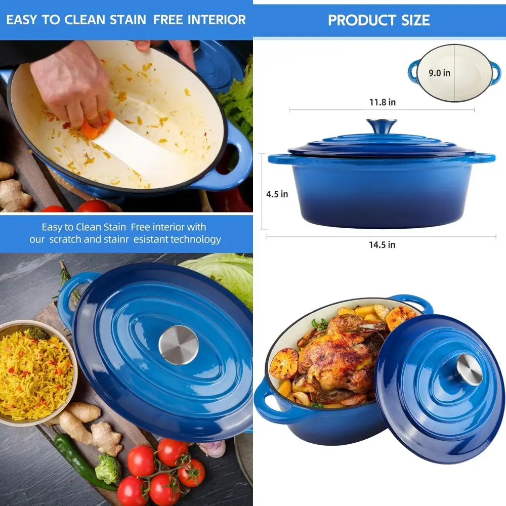 

Oval Enamel Cast Iron Dutch Oven, 5.5 Quart, Oven Safe to 550°F, Dishwasher Safe Cookware with Lid