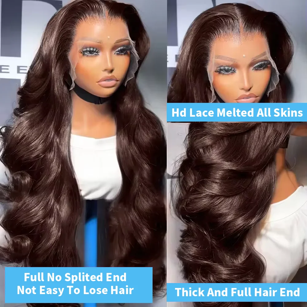Kleberlose 7X5 Lace-Perücke, vorgeschnitten, 220 Dichte, schokoladenbraun, Body Wave, 100% Echthaar, wellig, nass und gewellt, brasilianisches Echthaar mit 13X6 HD Lace Frontal, vorgezupft. – Detail 5