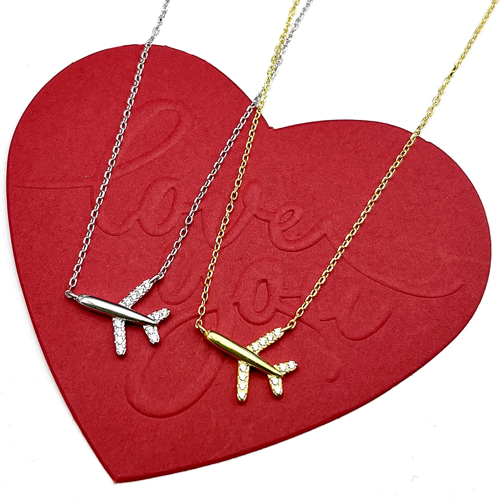 

Fly To U Airplane Luxury Chain Women Men Couple Crystal 925 Sterling Silver New Love Necklace Valentine's Day Clavicle Jewelry