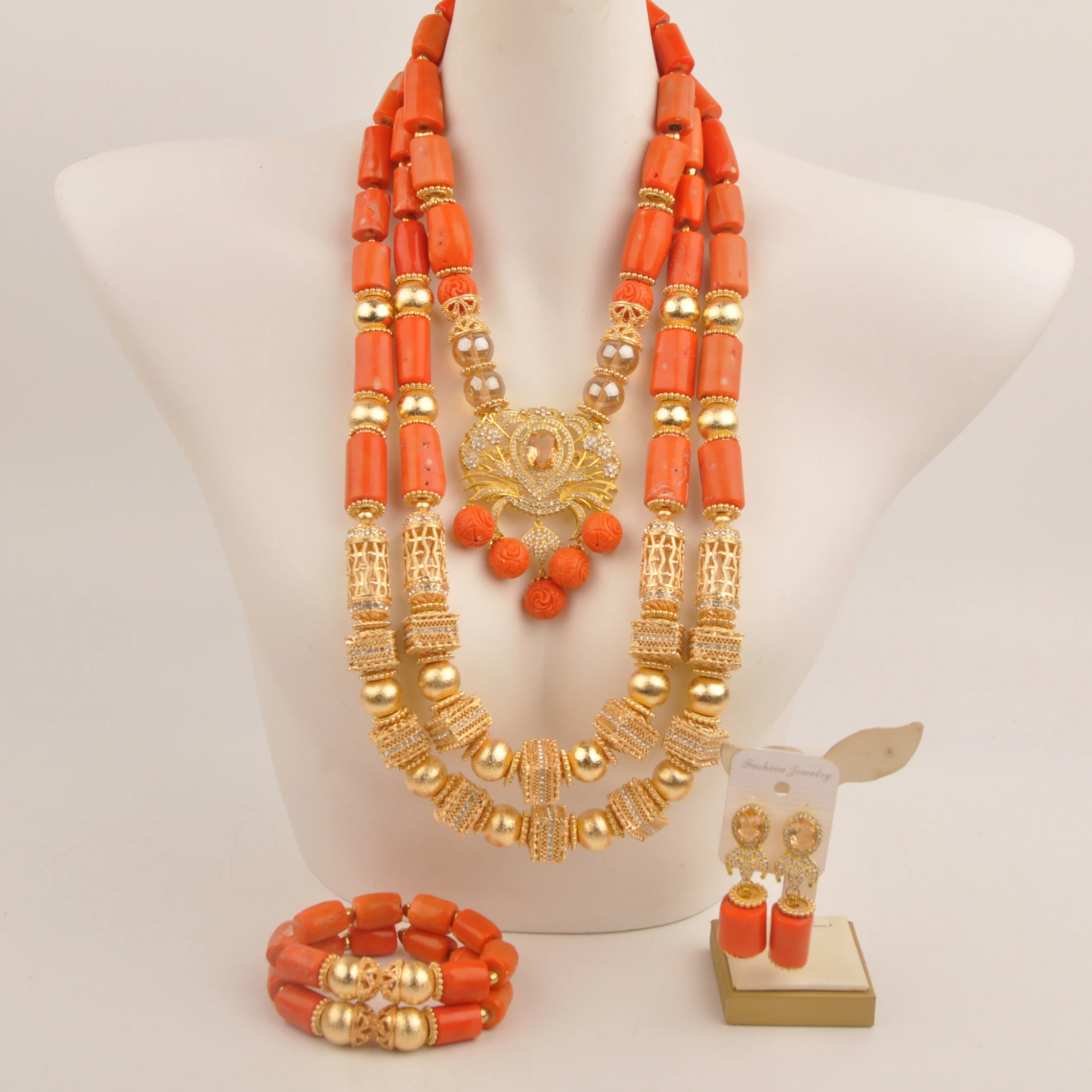 Natural coral Nigerian Wedding Fashion Orange jewelry African necklace