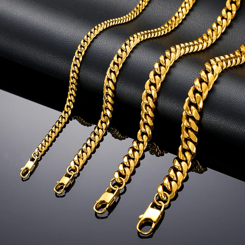 Men Hip Hop Jewelry Gold Plated Filled Stainless Steel 6mm-14mm Necklace Non Tarnish Free Miami Cuban Link Chain