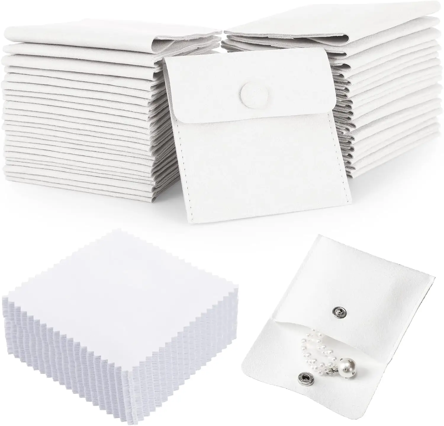 

10 Pcs Microfiber Jewelry Pouch with Cleaning Cloth 3.2"x3.2" Jewelry Packaging Bag with Snap Button Bags (White)
