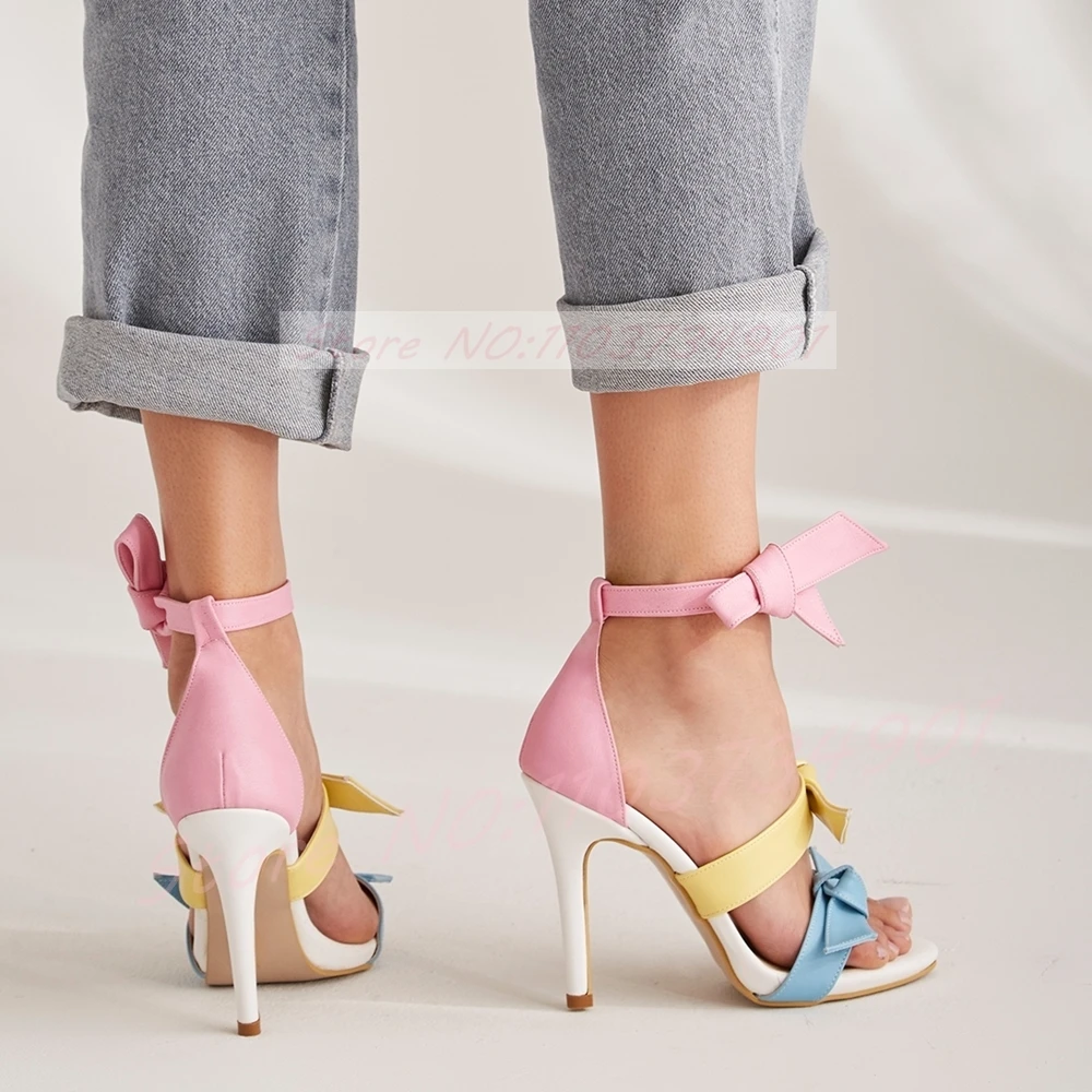 Three-Stripe Ribbon Colorful Sandals Women Knot Round Toe Ankle Strap Stiletto Sandals Fashion Cute High Heels Shoes
