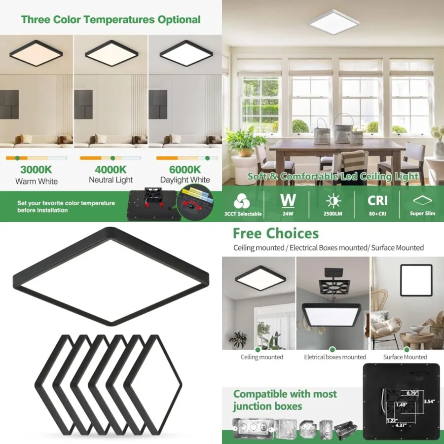 

12 Inch 6PK Square LED Flush Mount Ceiling Light, 24W, 2500LM, 3000K/4000K/6000K CCT Selectable, LED Flat Panel Low Profile Cei