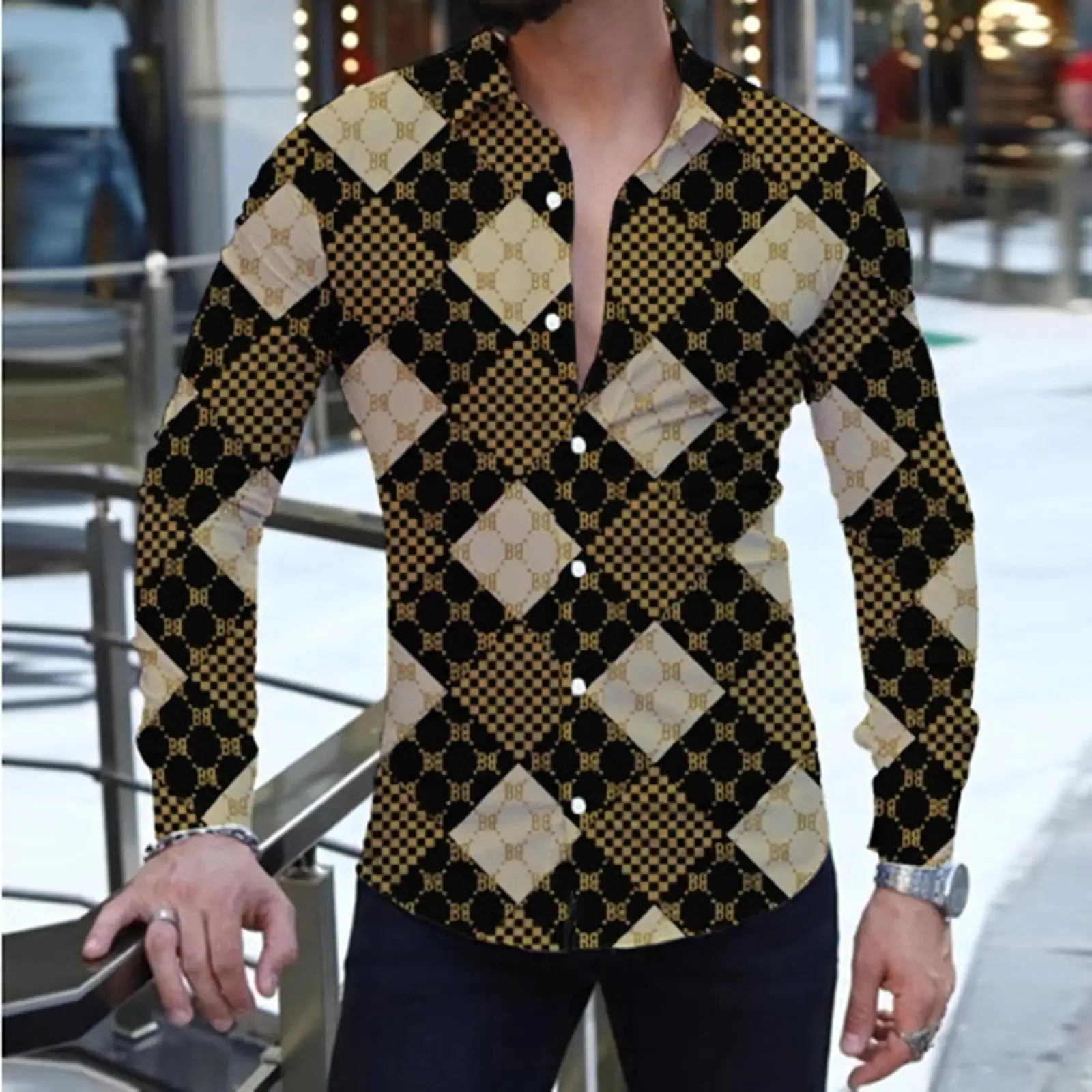 

Square Grid Splicing Pattern 3D Prited Men's Shirt Long Sleeve Stand-up Collar Shirts Luxury Style Trend Street Mens Wear