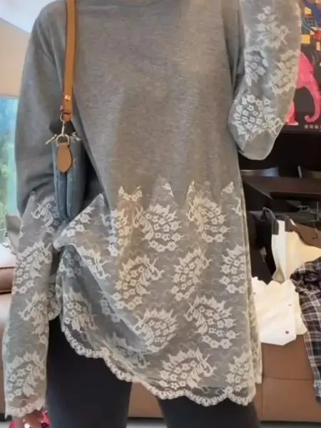 ルーズフィット レディース ミドル丈 ベースTシャツ 春デザイン プラスサイズ スリミングトップ 韓国風 長袖 ラウンドネック Tシャツ