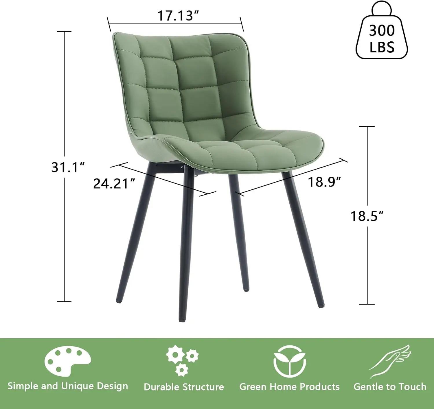 Olive Green Dining Chairs Set of 2 PU Leather Upholstered Modern Armless Dining Room Chair with Back Metal Legs Kitchen Dinner A