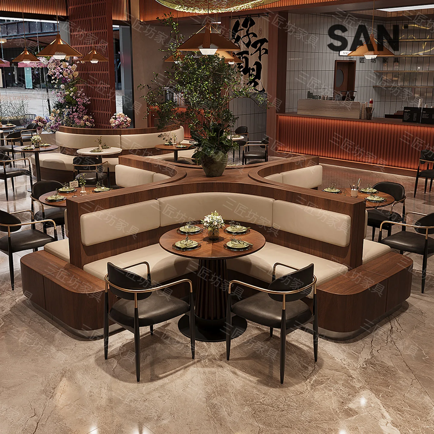 Retro Western restaurant table and chair combination hotel rock slab table restaurant chair commercial semi-circular arc commerc
