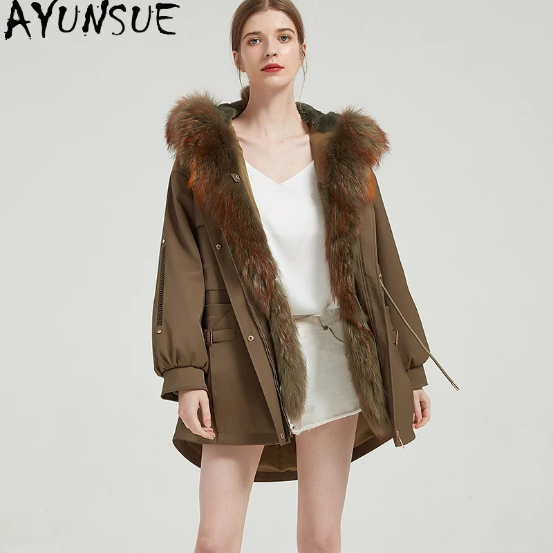AYUNSUE Rex Rabbit Fur Coat Mid-long Real Fur Parka Women Winter Clothes Warm Raccoon Fur Collar New in Coats Пальто Женское