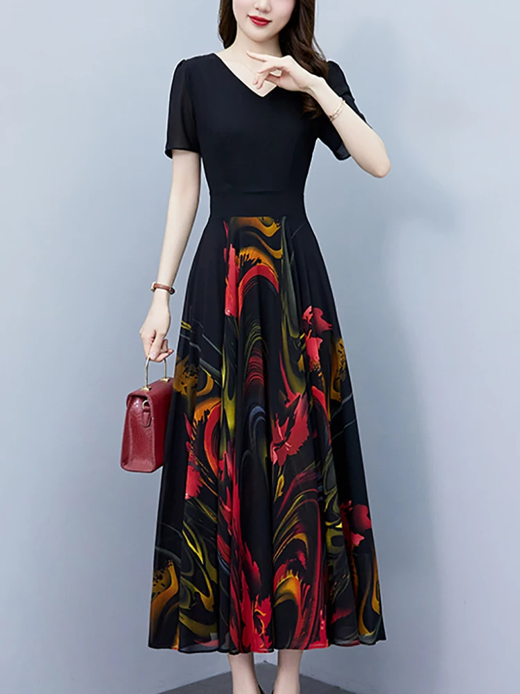 2024 Black Patchwork Print Vintage Midi Dress Women Elegant Luxury Party Maxi Dress Summer Casual Bodycon Prom Evening Vestidos