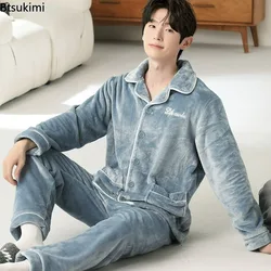 New Flannel 2 Piece /Set Pajamas Sets for Men Winter Thick Warm Long Sleeve Home Clothes Sleepwear Suit Turn-Down Collar Pyjamas