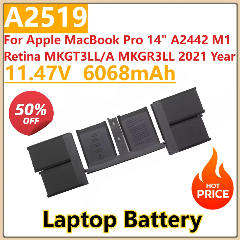 

New 11.47V 6068mAh Laptop Battery A2519 For Apple MacBook Pro 14" Notebook Smart A2442 M1 Retina MKGT3LL/A MKGR3LL 2021 Year
