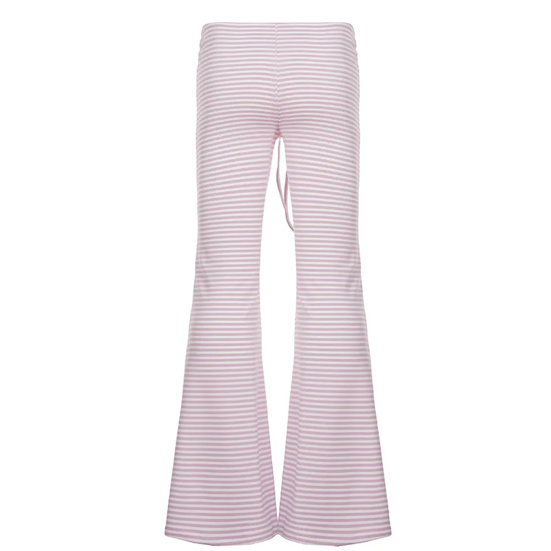 Early Autumn Simple Fashion Striped Drawstring Striped Pink Comfortable Fitted Micro Flare Pants