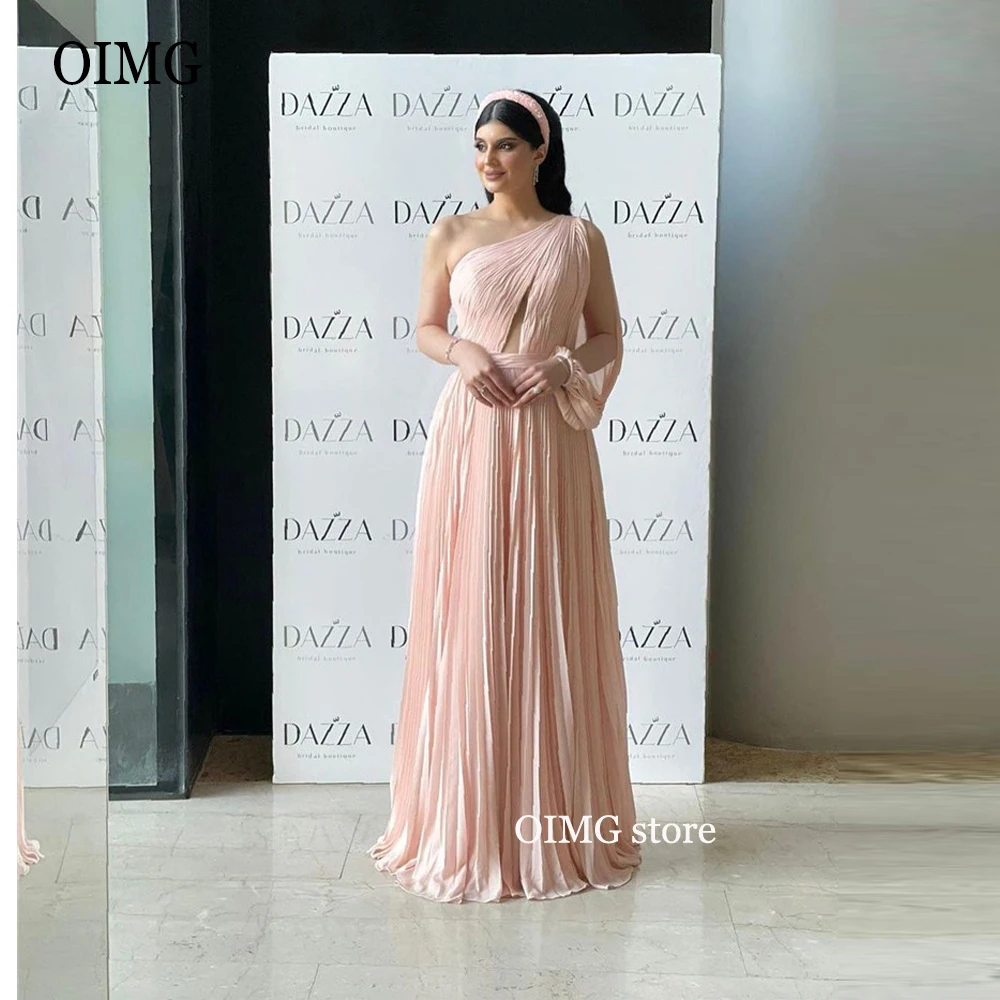 

OIMG Sexy Pearls Pink One Shoulder Draped Chiffon Evening Dresses Long Sleeve Cut-Out Saudi Arabic Women Formal Party Prom Gown