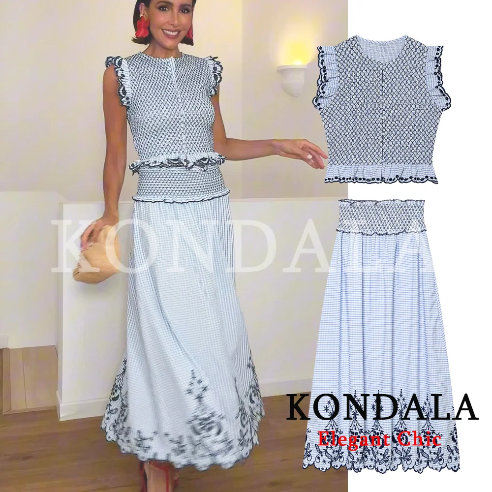 KONDALA Women Trendy Elegant Embroidery Blue Skirt Set  Casual Set Plaid Vest Midi Skirt 2026 Spring Summer Holiday Beach Set