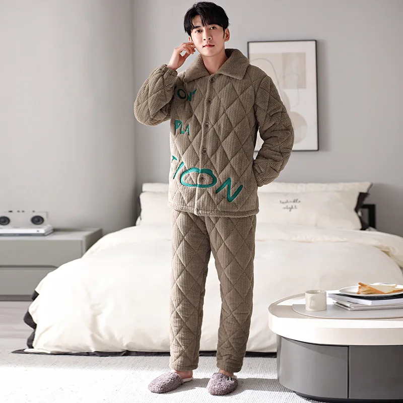 Winter men\'s pajamas for warmth and comfort, thickened cotton jacket for home wear, can be worn externally as a set