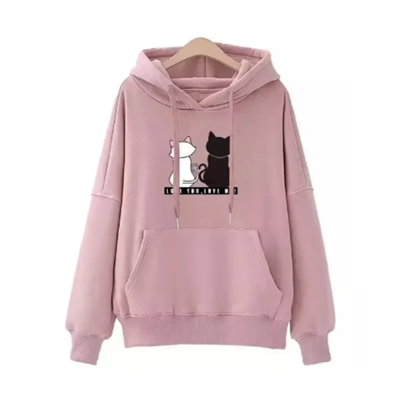 Fall/Winter 2024 New Cute Cat Dropped Shoulder Hooded Sweatshirt Women\'s Fleece Loose Pullover Top Cute Couple Hoodies CYXX017