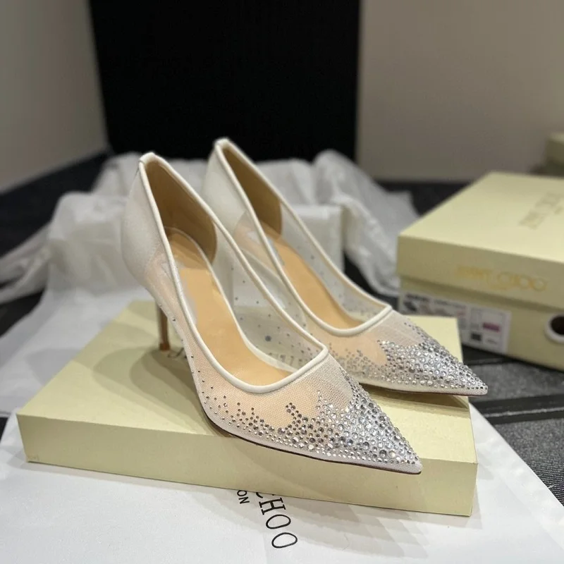 Spring and summer new pointed shallow mesh rhinestone wedding shoes thin high-heeled banquet dress large-size women's sandals