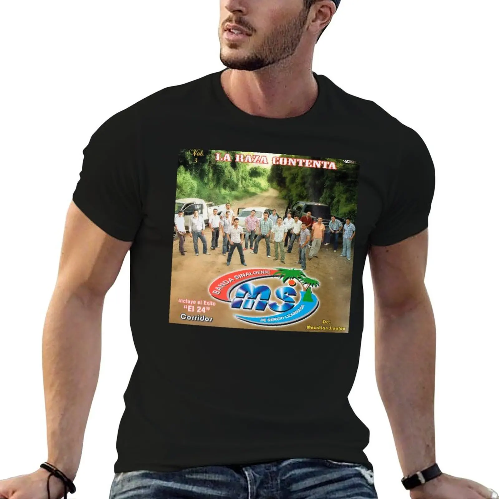Camiseta Banda MS - La Raza Contenta album 2007, camiseta para hombre, camiseta 100% de algodón, camisetas estampadas de lujo para hombre