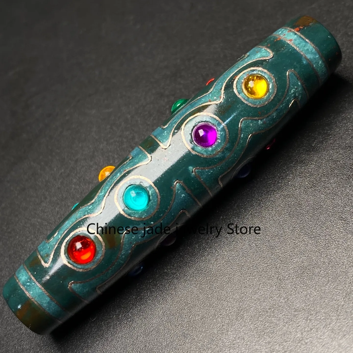 Tibetan Agate Inlaid Silver Wire Tourmaline 15 Eye Dzi Bead Amulet Pendant G6023