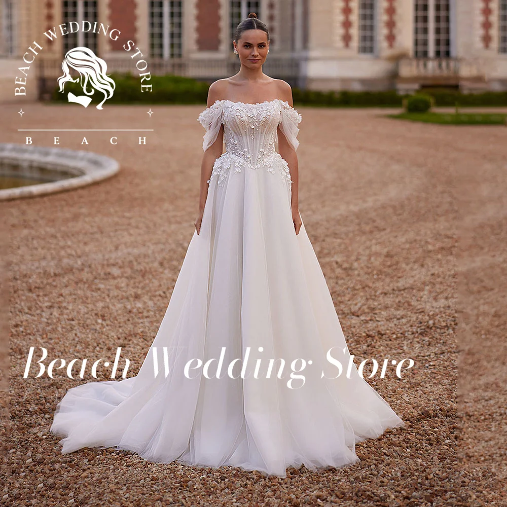 

Beach Off-Shoulder Ruffled Tulle A-Line Backless Sleeve Lace Bridal Dresses Floor Length Delicate Train Wedding Dress Customized