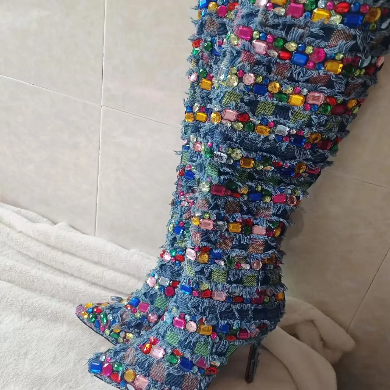 Super Bling Crystal Fold-over Denim Knee Boots Cover Thin Heel Pointy Toe Retro Cloth Boots Woman Rhinestone Jean Knight Boots