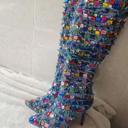 Super Bling Crystal Fold-over Denim Knee Boots Cover Thin Heel Pointy Toe Retro Cloth Boots Woman Rhinestone Jean Knight Boots