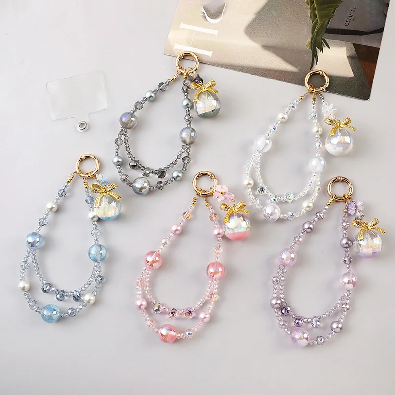 

Luxury Castle Beaded Mobile Phone Lanyard, Crystal Beaded Wrist Short Bag Key Decoration
