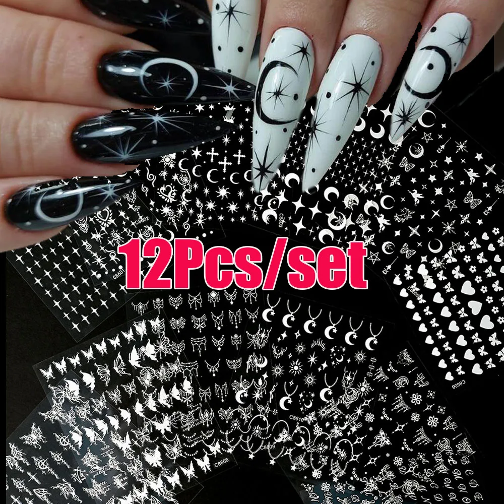 12Pcs White Black Star/Moon Y2K Nail Stickers Set 3D Bronzing Laser Cross Moon Star Adhesive Slider DIY Star Moon Manicure Decal