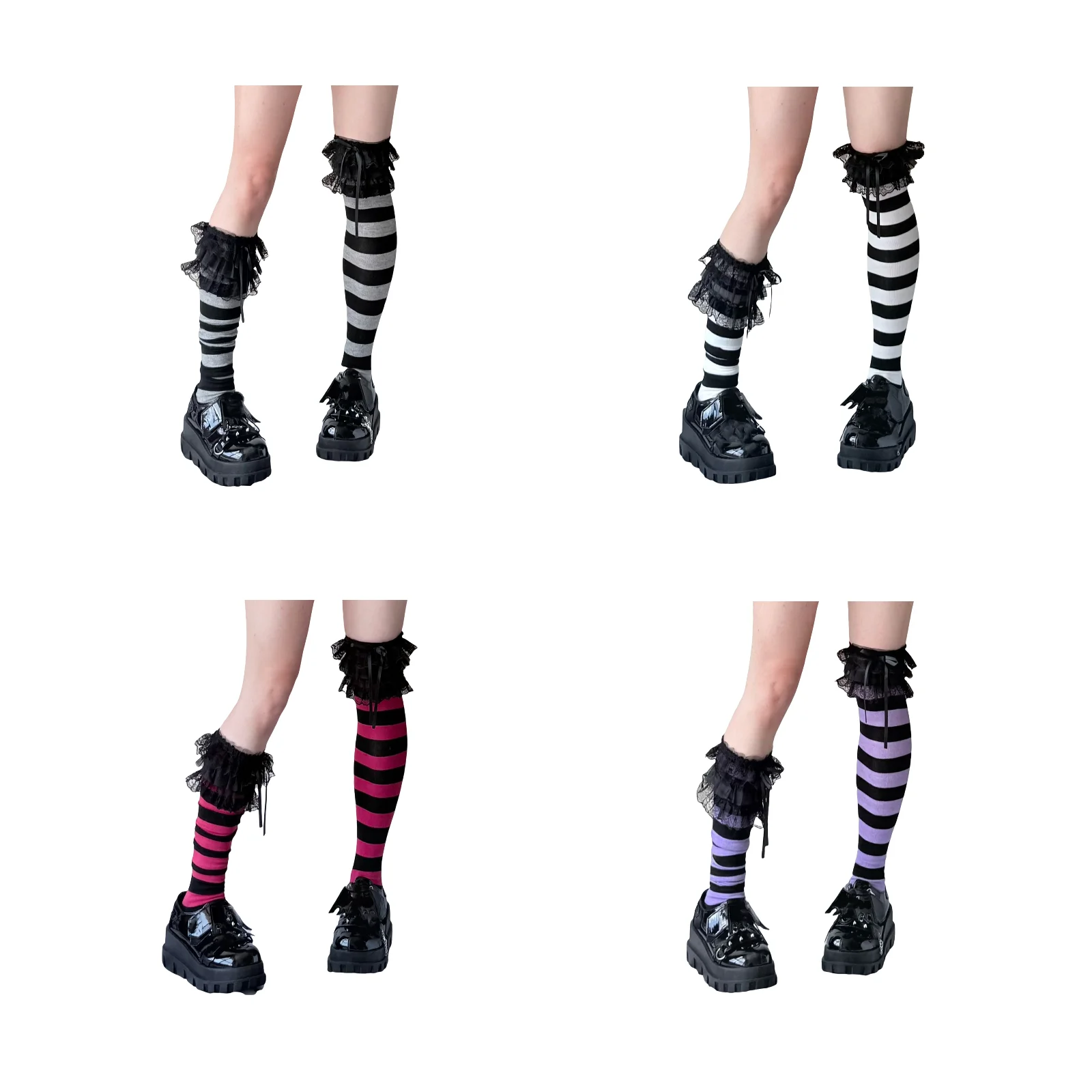 

Black and gray/black and white/black and red/black and purple striped pile socks combination set (4 pairs)