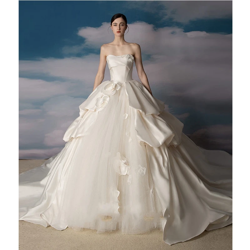 Robe de Mariée en Satin Élégante et Personnalisée Sans Bretelles pour Femme, Tenue de Bal à Fleurs, avec Traîne de Balayage, pour Patients, Quelle que soit la Tenue Éducative, 2024