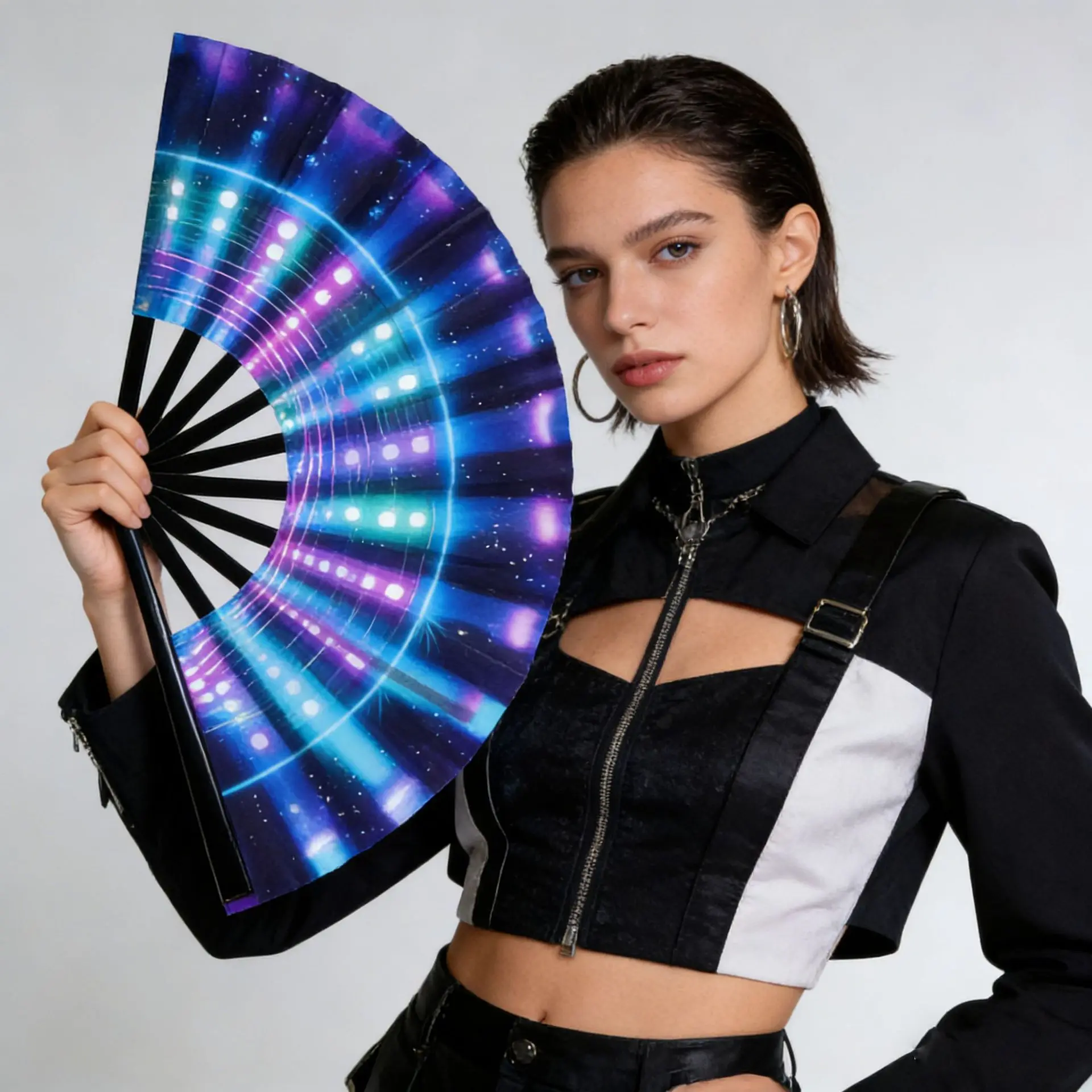 

Music festival fluorescent fan folding fan bar dancing silk plastic bone fan party decoration