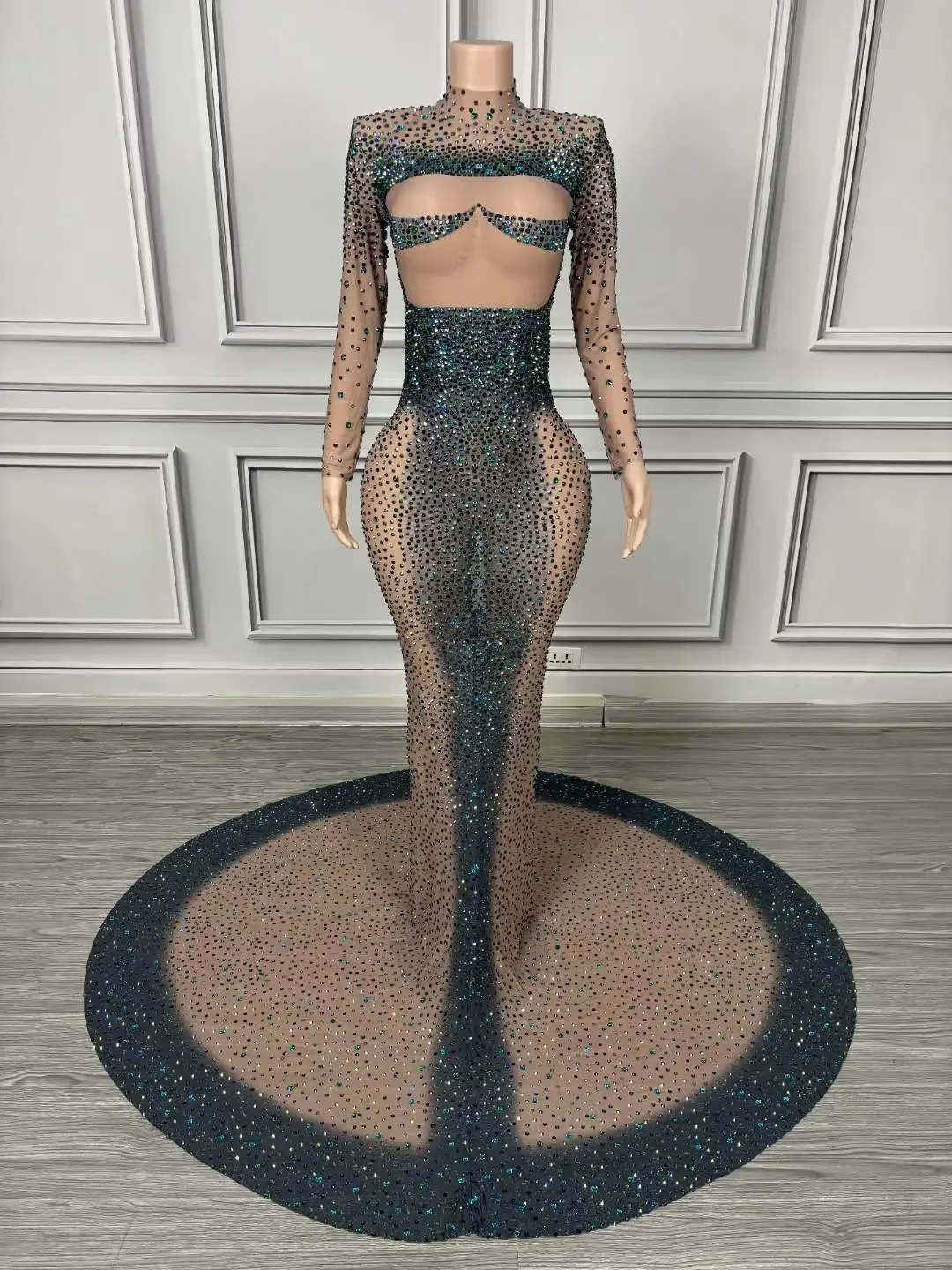

Women Sparkly Hot Drilling Process Rhinestone Floor Length Mesh See Through Dress Luxury Singer Dancer Queen Costumes 2025 New