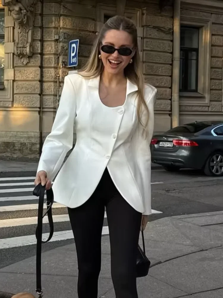 Women White Blazer Waist Cinching Coat U Neck Full Sleeve Single Breasted Jacket Chic Casual Lady Commuter Street Outwear