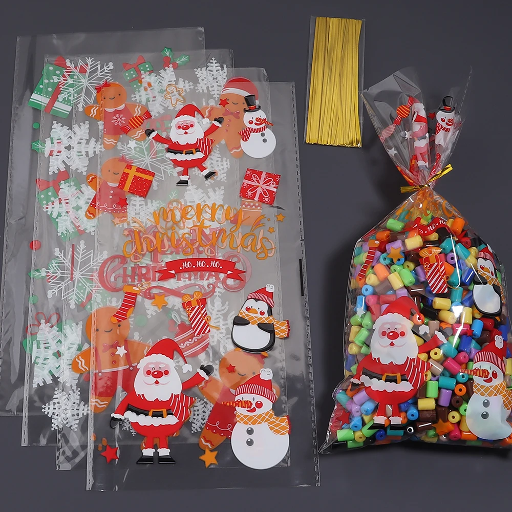 50pcs Christmas Gift Bags Cartoon Santa Xmas Tree Snowflake Print Transparen OPP Bags Biscuit Candy Jewelry Packaging Bag