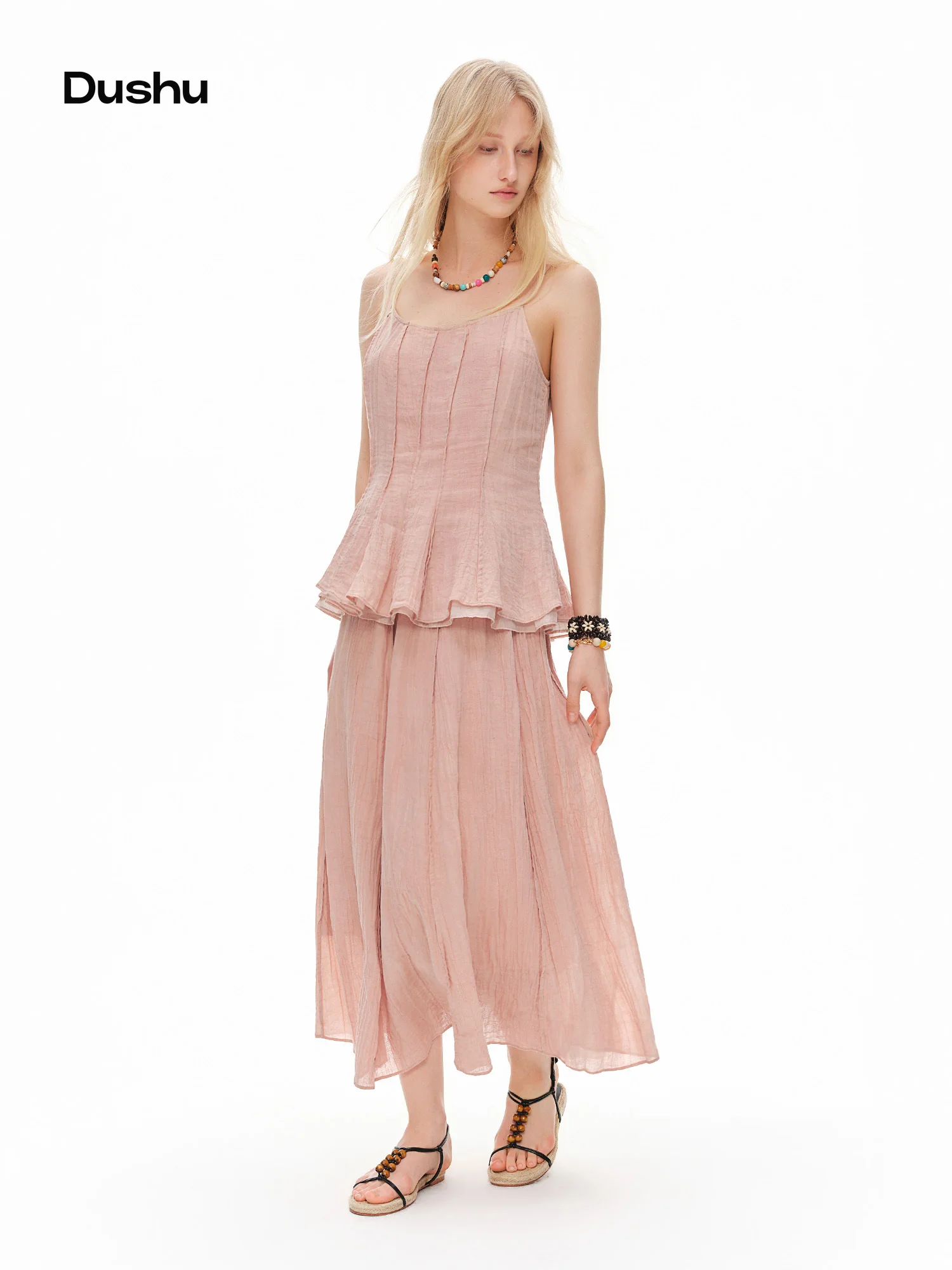 

DUSHU LineSculpt Series Women Textured Pleated Lyocell Linen Set Multi-Size Vacation Style Slip Top Midi Skirt Two-Piece Outfit