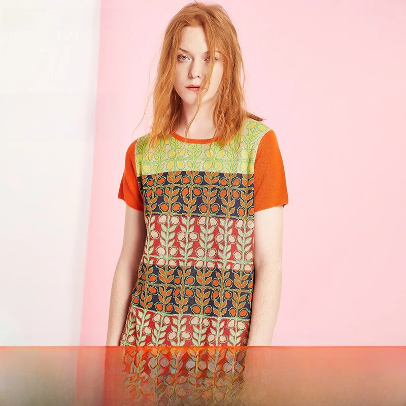 

Шелковая хлопковая трикотажная футболка с узором Or Sve, женская летняя футболка, Новое поступление, удобная, стандартного кроя с цветочным принтом