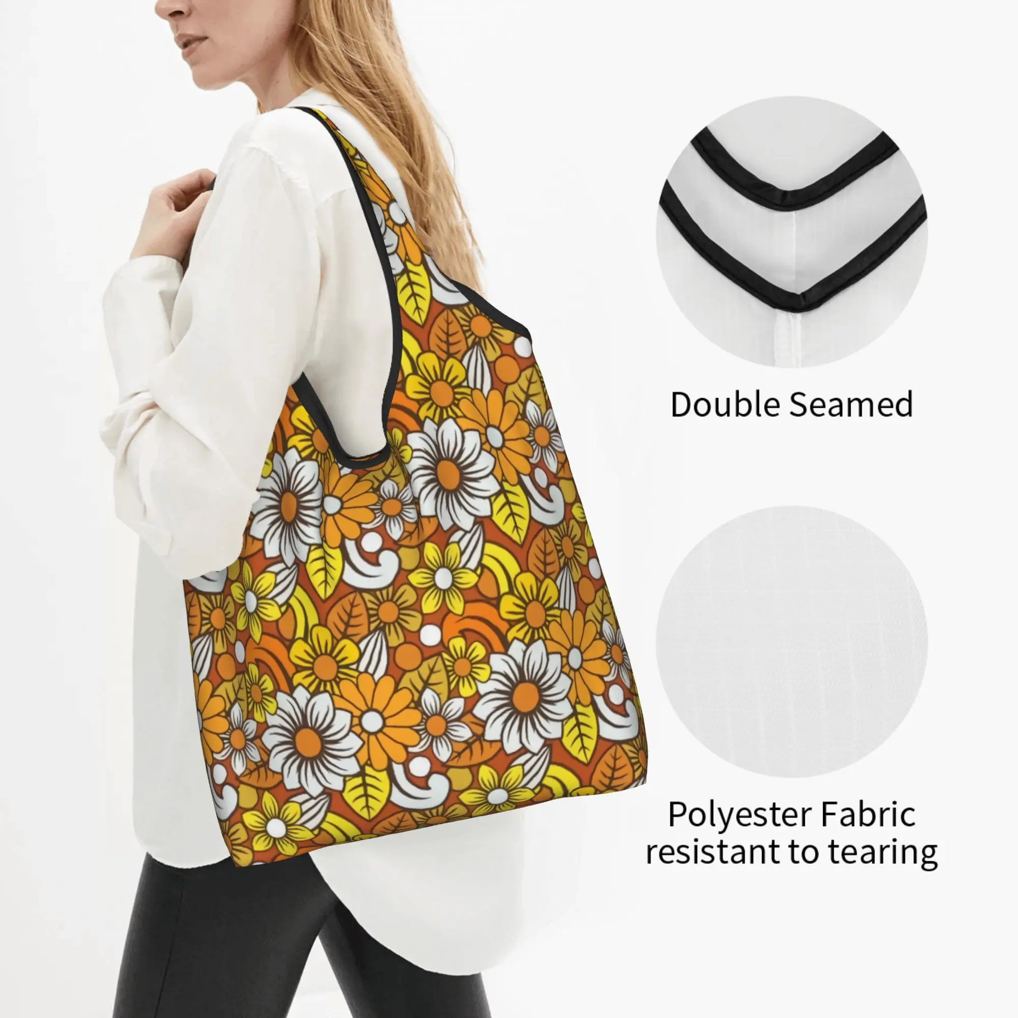 Fashion Retro 70s Orange Flower Pattern Shopping Tote Bag Portable Mid Century Modern Bohemian  Groceries Shopper Shoulder Bag